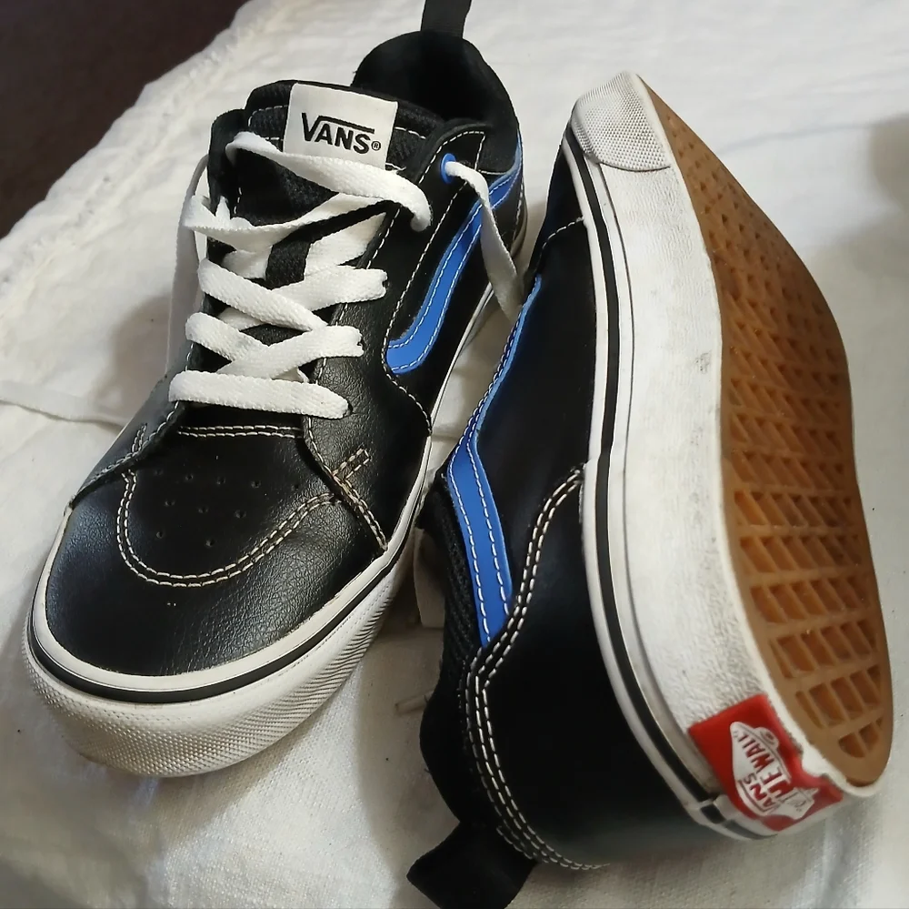 Vans Black Sneakers with Blue Accents and White Laces
